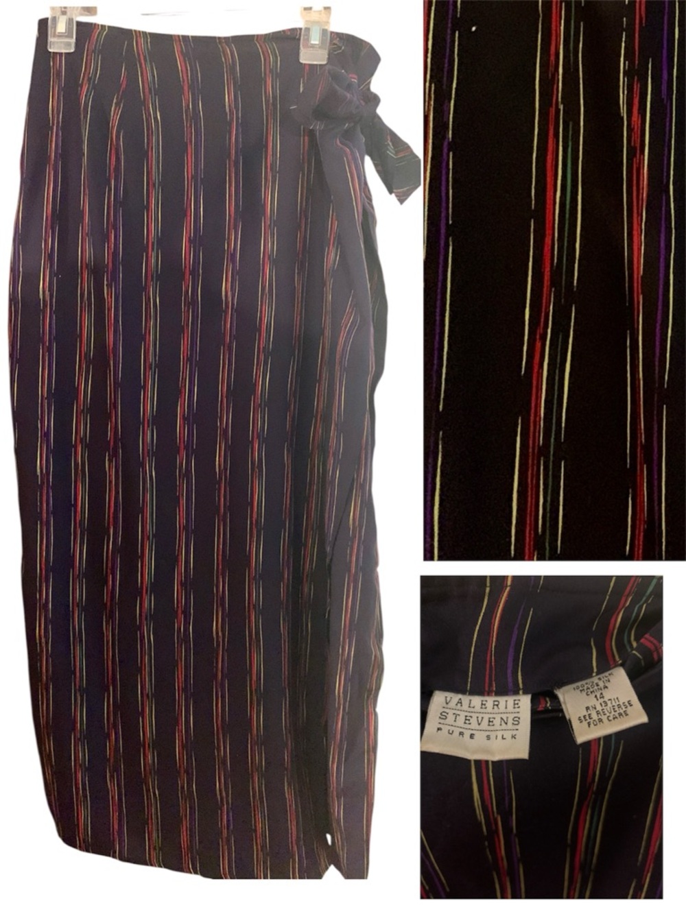 Sleek Navy Silk Skirt with Multicolor Pinstripes 37” L, Sz 14 - Picture 2 of 6